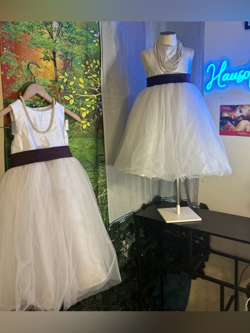 (2) David's Bridal White Flower Girl Mesh Tulle Dresses with Bow Plum Sash